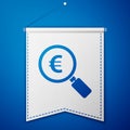 Blue Magnifying glass and euro symbol icon isolated on blue background. Find money. Looking for money. White pennant Royalty Free Stock Photo