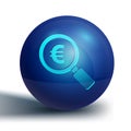 Blue Magnifying glass and euro symbol icon isolated on white background. Find money. Looking for money. Blue circle Royalty Free Stock Photo