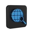 Blue Magnifying glass with globe icon isolated on transparent background. Analyzing the world. Global search sign. Black Royalty Free Stock Photo