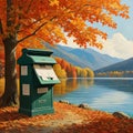 Blue mail box on the bank of the lake in the autumn forest