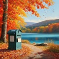 Blue mail box on the bank of the lake in the autumn forest