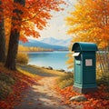 Blue mail box on the bank of the lake in the autumn forest Royalty Free Stock Photo