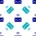 Blue Mail and e-mail icon isolated seamless pattern on white background. Envelope symbol e-mail. Email message sign Royalty Free Stock Photo