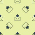 Blue Mail and e-mail icon isolated seamless pattern on yellow background. Envelope symbol e-mail. Email message sign Royalty Free Stock Photo