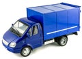 Blue mail truck toy car. Children`s toy plastic big car with isolated on white background