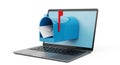 Blue Mailbox Emerging from Laptop Screen with Envelope Inside red flag letter Royalty Free Stock Photo