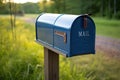 Blue mailbox by the road with a blurred background. Generated by artificial intelligence