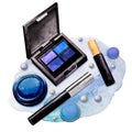 Blue makeup set on white background. Watercolor spot. Isolated pictures. For card and banner
