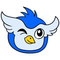 Blue male owl head winking flirtatious seductive, doodle icon drawing