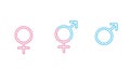 Blue Male and pink female sign. Circle with an arrow and cross down. Belonging to the masculine or female gender. Vector Royalty Free Stock Photo