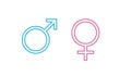 Blue Male and pink female sign. Circle with an arrow and cross down. Belonging to the masculine or female gender. Vector Royalty Free Stock Photo