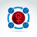 Blue male and red female signs connected with arrows, gender symbols. Group sex conceptual icon, relationship concept. Royalty Free Stock Photo