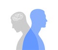 Blue male silhouette in profile with a translucent gray projection. Mental health concept