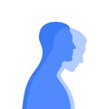 Blue male silhouette in profile with a translucent projection. Mental health concept. Duality and hidden emotions