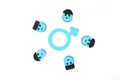 Blue male symbol with a group of men character flat lay in white background. Masculinity concept.