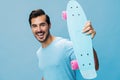 Copy man skater portrait active studio skate blue sport guy hipster skateboard space lifestyle summer Royalty Free Stock Photo