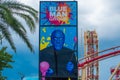 Blue Man Group sign and Hollywood Rip Ride Rockit rollercoaster at Universal Studios 23 Royalty Free Stock Photo