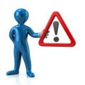 Blue man hholding warning attention sign with exclamation mark