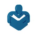 Blue Man reading book icon isolated on transparent background. Royalty Free Stock Photo