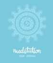 Blue Mandala. Round Ornament Pattern. Hand drawn background. Vector poster with stylish lettering