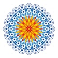 Blue mandala with a yellow-orange flower in the center. Vector openwork delicate drawing.
