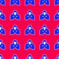 Blue Mantle, cloak, cape icon isolated seamless pattern on red background. Magic cloak of mage, wizard and witch for