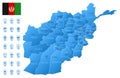 Blue map of Afghanistan administrative divisions with travel infographic icons.