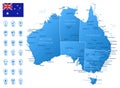 Blue map of Australia administrative divisions with travel infographic icons.