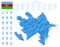 Blue map of Azerbaijan administrative divisions with travel infographic icons.