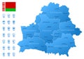Blue map of Belarus administrative divisions with travel infographic icons.