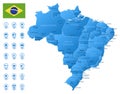 Blue map of Brazil administrative divisions with travel infographic icons. Royalty Free Stock Photo