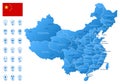 Blue map of China administrative divisions with travel infographic icons.