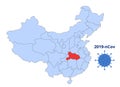 Blue map of China with highlighted red Wuhan. Source of distribution of the new 2019-nCoV coronavirus. COVID 2019 2019