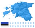 Blue map of Estonia administrative divisions with travel infographic icons.