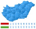 Blue map of Hungary administrative divisions with travel infographic icons.