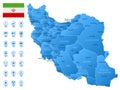 Blue map of Iran administrative divisions with travel infographic icons.