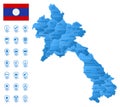 Blue map of Laos administrative divisions with travel infographic icons.