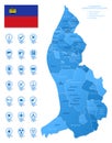 Blue map of Liechtenstein administrative divisions with travel infographic icons.