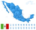 Blue map of Mexico administrative divisions with travel infographic icons.
