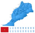 Blue map of Morocco administrative divisions with travel infographic icons.