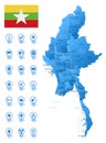 Blue map of Myanmar administrative divisions with travel infographic icons.