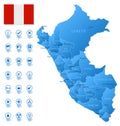 Blue map of Peru administrative divisions with travel infographic icons.