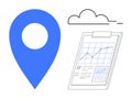 Blue map pin with a clipboard featuring analytics and a cloud in a simple flat composition Royalty Free Stock Photo
