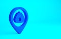 Blue Map pointer with fire flame icon isolated on blue background. Fire nearby. Minimalism concept. 3d illustration 3D render Royalty Free Stock Photo