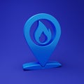 Blue Map pointer with fire flame icon isolated on blue background. Fire nearby. Minimalism concept. 3D render Royalty Free Stock Photo