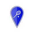 Blue map pointer with tennis racket and ball. Vector illustration