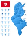 Blue map of Tunisia administrative divisions with travel infographic icons.