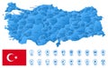 Blue map of Turkey administrative divisions with travel infographic icons.