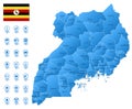 Blue map of Uganda administrative divisions with travel infographic icons.