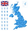 Blue map of United Kingdom administrative divisions with travel infographic icons. Royalty Free Stock Photo